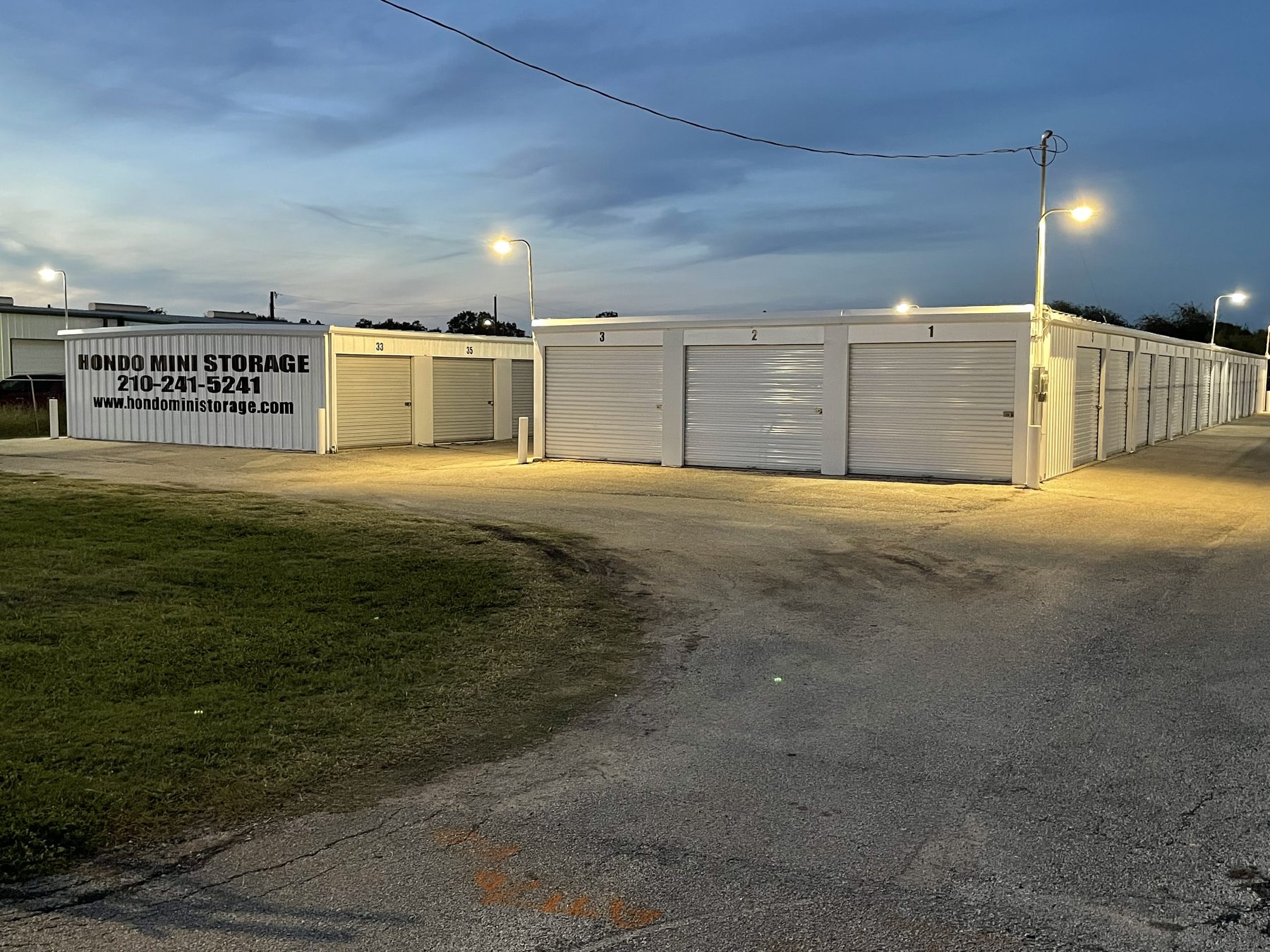 Hondo Mini Storage units lit at night